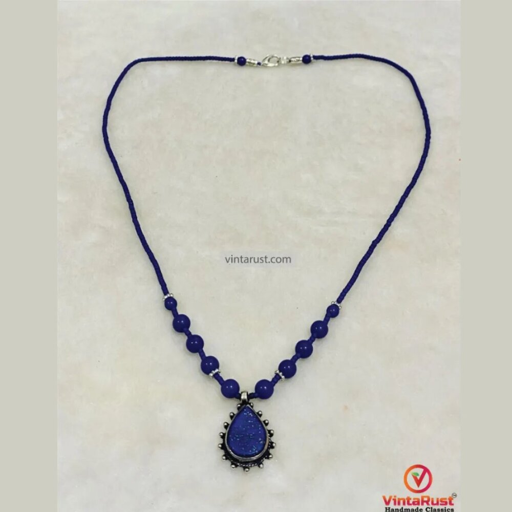 Lapis Lazuli Beaded Pendant Necklace: Handmade Gemstone Jewelry